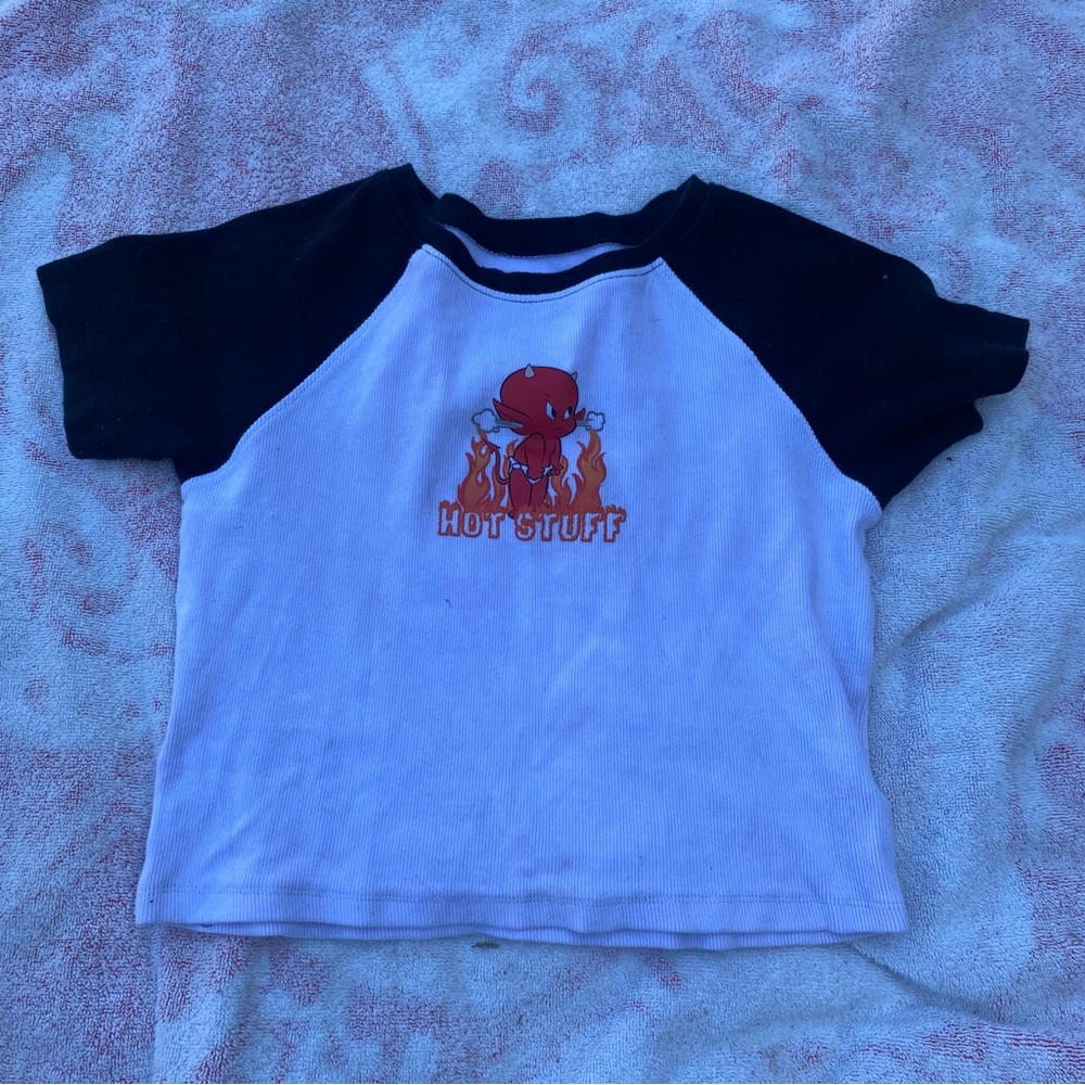 y2k cropped black and white devil graphic baby tee